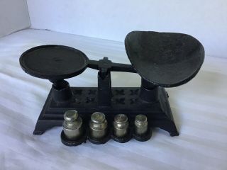 Vintage (7) Piece Cast Iron Miniature Mini Toy Balance Scale W/ 4 Weights 5 " Lg