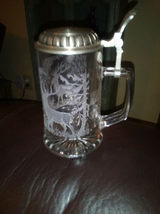 Vintage Domex Etched Glass With Deer Beer Stein Mug,  Monogrammed " Joel "