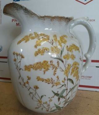 Vintage Antique Large Water Pitcher White With Flowers 10 "
