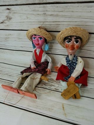 2 Vintage Marionette String Puppets Mexican Woman,  Folk Art Lady