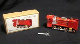 Vintage Ms 410 Red Train Engine Wind - Up Tin Toy W/ Key & Box