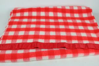 Vintage Acrylic Satin Nylon Trim Blanket Red White Picnic Check 66 " X 90” Usa