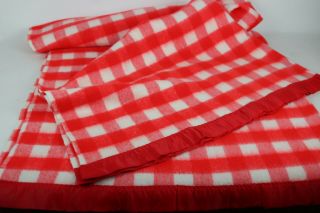 Vintage Acrylic Satin Nylon Trim Blanket Red White Picnic Check 66 