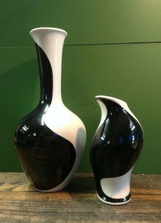 Brt Pair X 2 Mid Century Modern Vintage German Black White Ceramic Pottery Vases