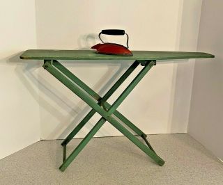 Vintage Toy Wood Ironing Board & Red Tin Metal Iron Doll Sized Housework Play