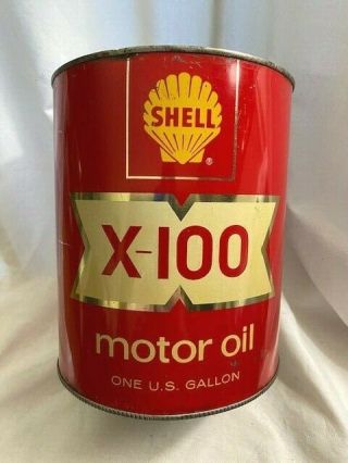 Old Shell Oil Can X - 100 Motor One 1 Gallon Vintage Tin Gas Filling Station Large