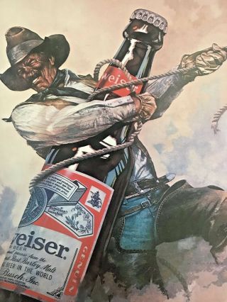 Vintage 1980s Budweiser King of Beers Cowboy Roping A Beer Bottle Metal Tray 2