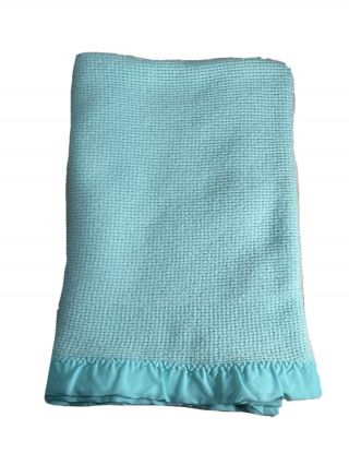 Aqua Blue - Green Vtg Acrylic Baby Blanket Thermal Waffle Weave Nylon Trim 52 X 38