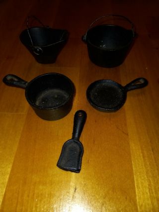 Vintage Miniature Cast Iron Cauldron,  Coal Bucket,  Shovel,  Frying Pan,  Pot