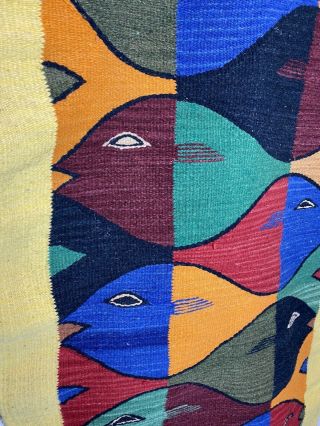 Vintage Stacked Fish Woven Wool Wall Hanging Rug Art Zapotec 28”x62” MCM 2