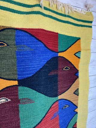 Vintage Stacked Fish Woven Wool Wall Hanging Rug Art Zapotec 28”x62” MCM 3