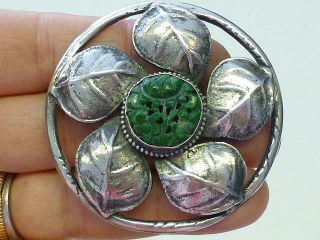 Vintage Chinese Carved Jade Sterling Silver Flower Brooch Pin 2 " Art Deco