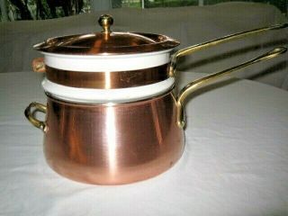Vintage Large Double Boiler Copper Ceramic Insert Brass Handles