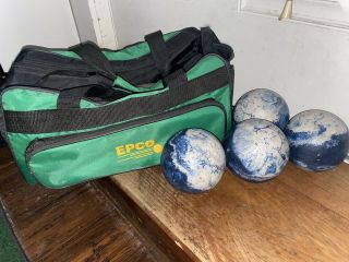 Epco Blue White Swirl Candlepin Bowling Balls Set Of 4 And Bag Set Vtg
