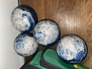 EPCO Blue White Swirl Candlepin Bowling Balls Set of 4 And Bag Set Vtg 2