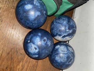 EPCO Blue White Swirl Candlepin Bowling Balls Set of 4 And Bag Set Vtg 3