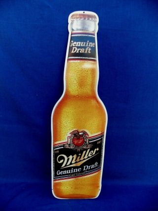 Vtg.  Advertising Miller Draft Beer Shaped Bottle Tin Metal Sign 30.  5x8.  5