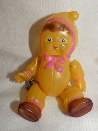 Vintage Yellow And Pink Celluloid Snow Baby Strung Jointed Kewpie Doll Japan