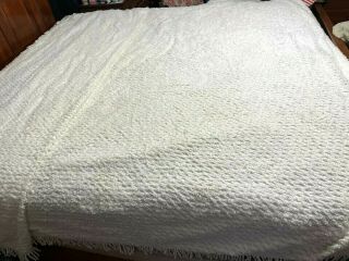 Vintage White Chenille Bedspread (59 X 48 ") W/3 " Twisted Fringe W/rolled Design