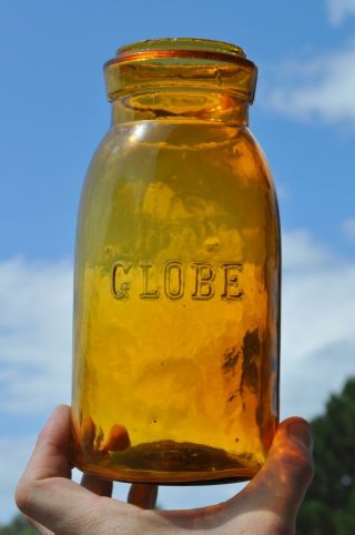 Vtg Globe Yellow Honey Amber Quart Ground Lip Mason Fruit Jar " 5 "