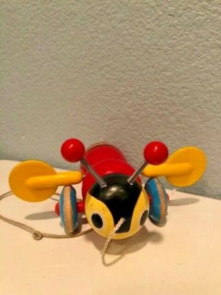 Vintage Classic Wooden Buzzy Bee 1960s Pull Toy - Cord