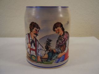 Vintage German Beer Mug Cup Stein Wick Werke Stoneware Bavarian Couple.  25l Ww