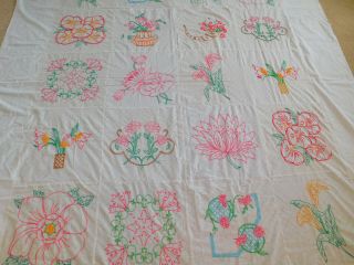 Vintage Hand Embroidered Floral Quilt Top Lily Cala Morning Glory 106 " X 92 "