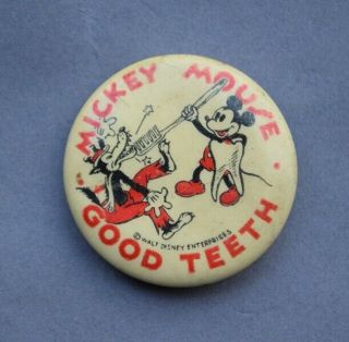 1938 Mickey Mouse Walt Disney Enterprises Good Teeth 1 1/4 " Pinback Pin