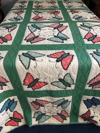 Vintage Hand Quilted Applique Embroidered Butterfly Red Green Blue Full Quilt