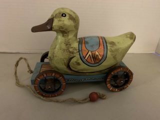Vintage Wooden Duck On Wheel Cart With Pull String.