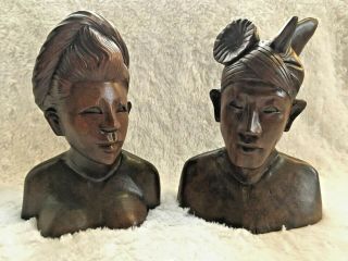 Hand Carved Wood Tribal Bust Sculptures Of Woman And Man Vtg