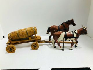 Vintage Wooden Carved Wood Beer Wagon With Horse And Ox Incomplete