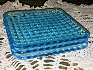Set 3 Vintage Fenton French Blue Opalescent Hobnail Square Plates 5.  5 "