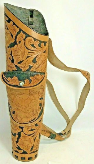 Vintage Tooled Leather Back Quiver,  Brown With Black Accents,  With Snap Pocket