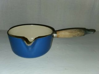 Blue Vintage Le Creuset 14 Cast Iron Sauce Pan With Spout Wood Handle