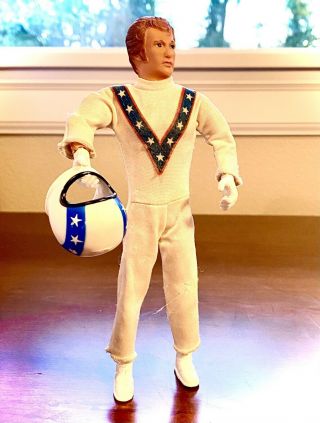 Vintage 1970’s Ideal 7 " Inch Evel Evil Knievel Bendy Action Figure And Helmet.