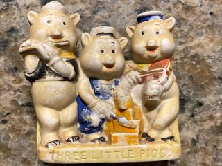 Vintage Walt Disney The Three Little Pigs Bisque Toothbrush Holder 4 "
