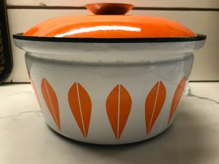 Vintage Cathrineholm Norway Enamelware Pot Lotus White/orange 8 - 1/2 "