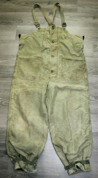 Vintage 40s Us Navy Ww2 Deck Pants Size Medium Bib Overalls Lined