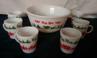 Vintage Hazel Atlas Egg Nogg Milk Glass Punch Bowl Set W/6 Cups -