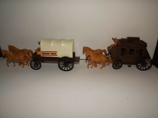Vintage Processed Plastic Stage Coach & Covered Wagon With Horses -