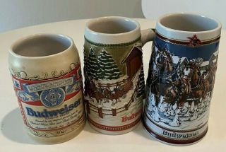Set Of 3 Vintage Budweiser Stein Mugs,  King Of Beers,  Holiday 84 And 89