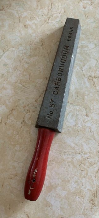 Vintage Carborundum Brand Knife Sharpener Tool No.  57 W/ Red Wood Handle