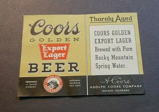 Coors Golden Export Lager Beer Label,  Adolph Coors Co,  Golden,  Co - Irtp T