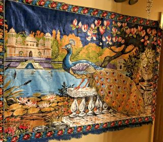 Large Velvet Peacock Wall Hanging Tapestry 47” By 70” Vintage