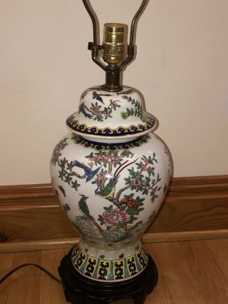 Vintage Chinese Large Hand Painted Blue Yellow Famille Rose Ginger Jar Lamp Bird