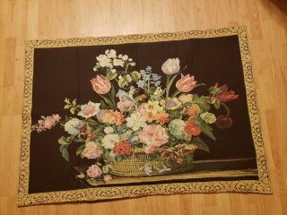 Vintage Large Woven Wall Hanging Tapestry Floral Tulips Planter Brown Gold 38x53