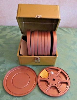 Vintage Kenco 7” Gold 8mm Film Reel Storage Box&10 Gold Metal Reels W/canisters