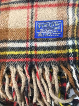 Vintage Pendleton Plaid Wool Blanket W/ Fringe Red,  Yellow,  Brown,  Black 53x70in