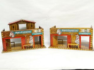 2x Vintage T.  Cohn Fort Superior Pony Express Tin Trading Post Stable Play Set